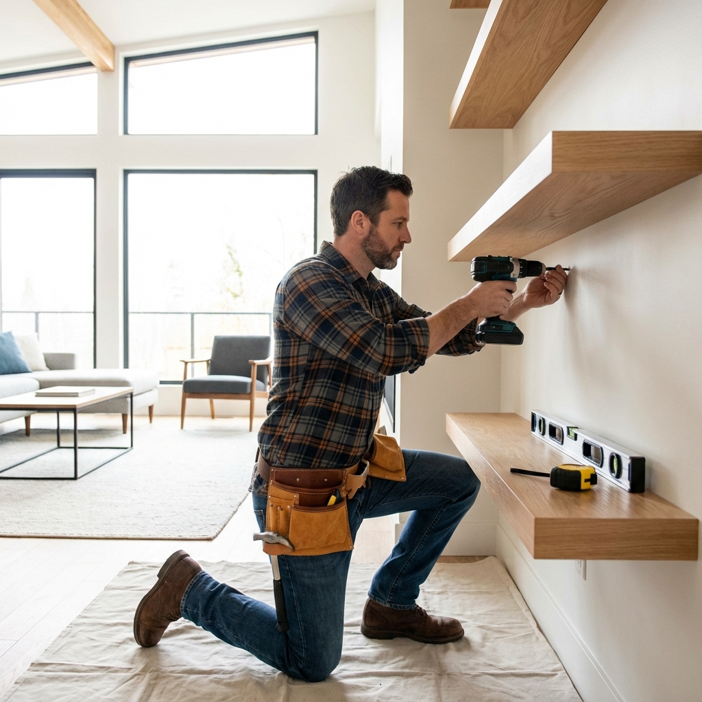 Handyman installing shelves in Anaheim home